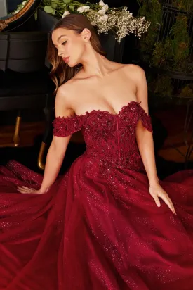 Whimsy Off the Shoulder Ballgown Prom Dress 740198TRR-Burgundy Cinderella Divine CD0198 LaDivine CD0198
