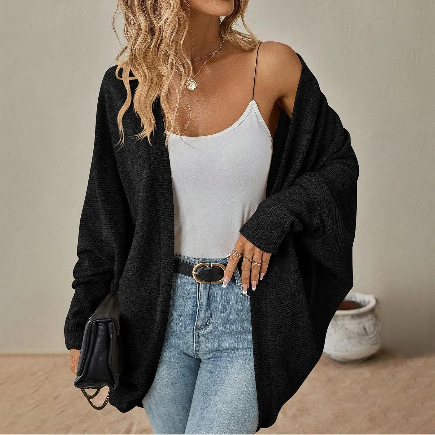 Women Batwing Sleeve Sweater Cardigan Soft Knit Coats Open Front Cocoon Sweaters Casual Loose Cardigans Outerwear