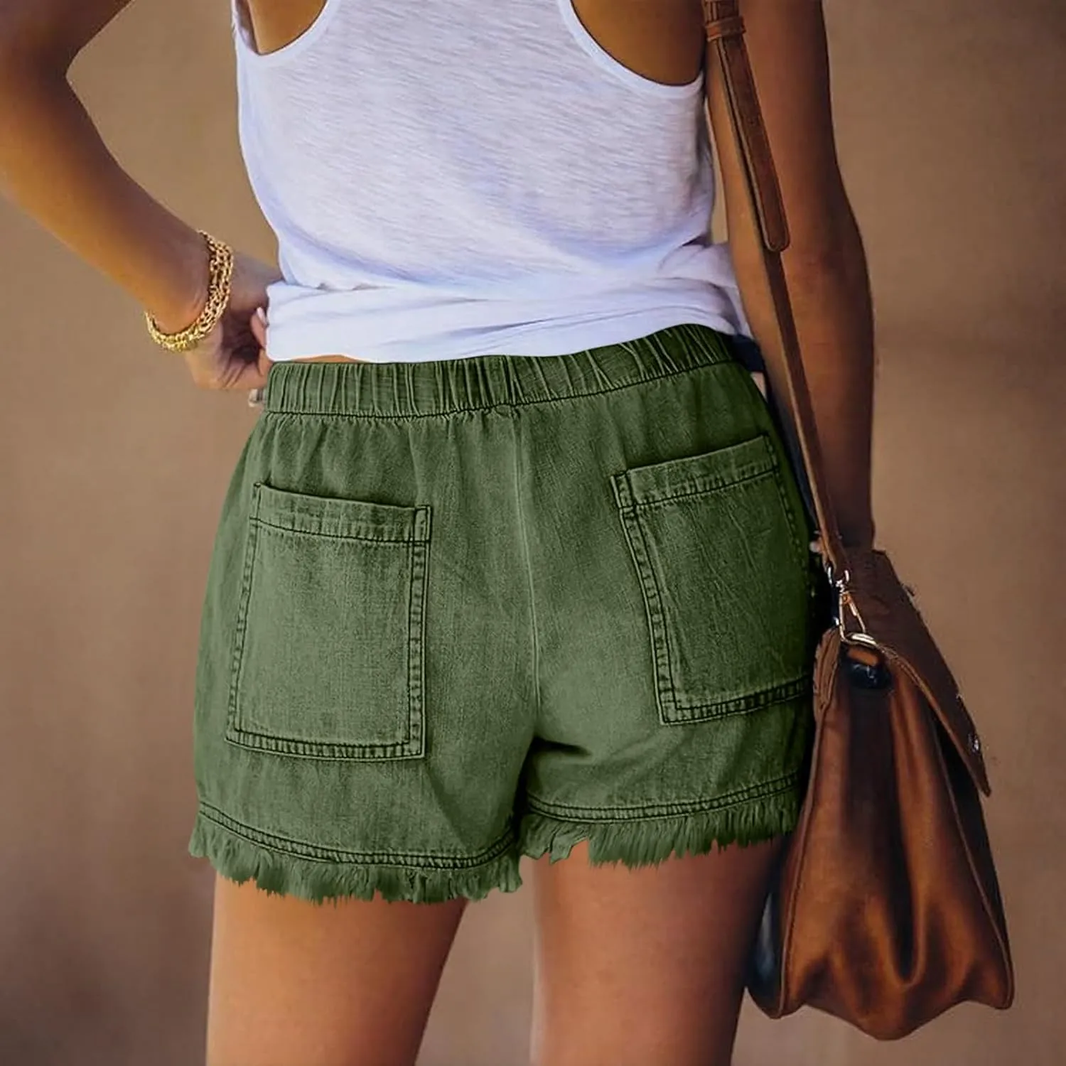 Women Jean Shorts Elastic Waist Drawstring Denim Shorts Summer Casual Raw Hem Distressed Jeans Short with Pockets
