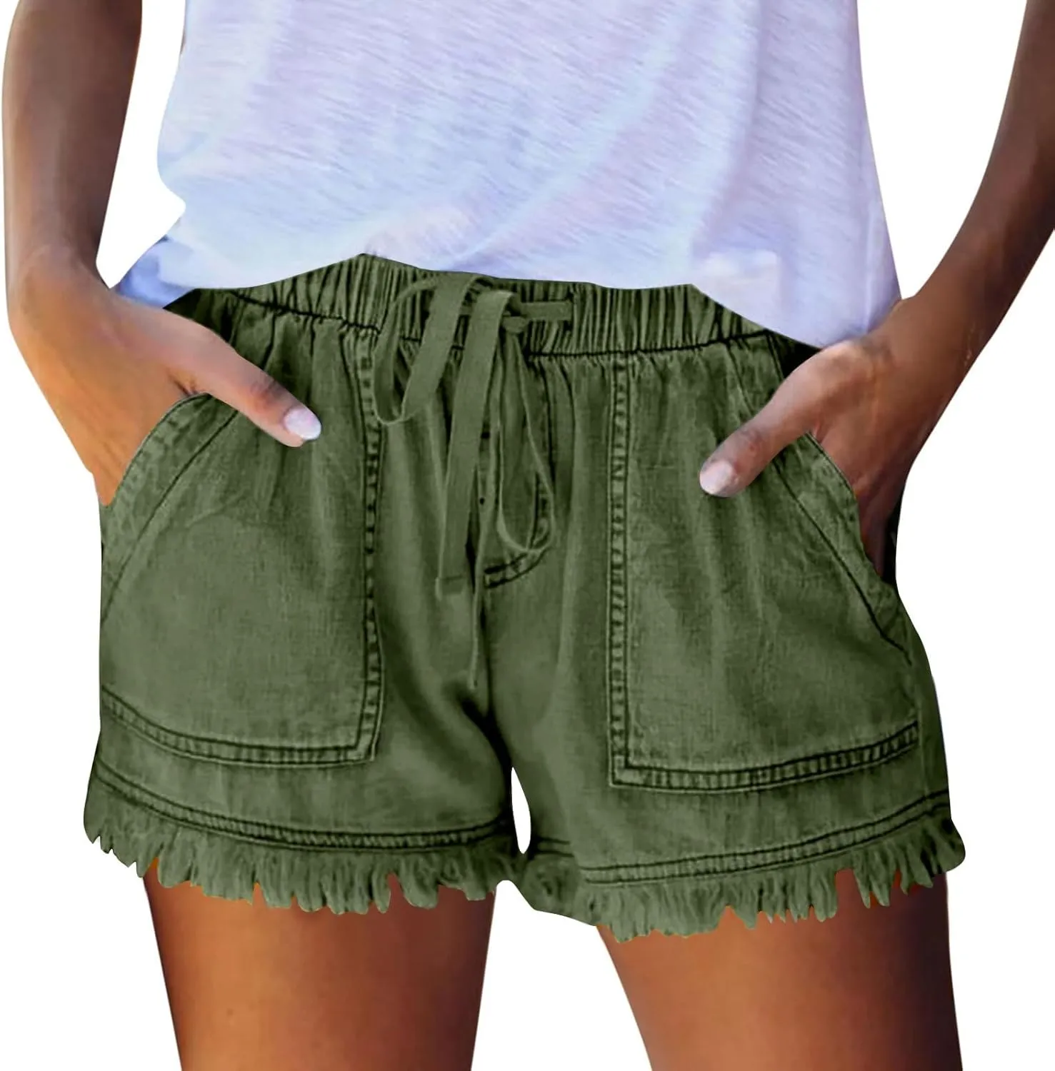 Women Jean Shorts Elastic Waist Drawstring Denim Shorts Summer Casual Raw Hem Distressed Jeans Short with Pockets