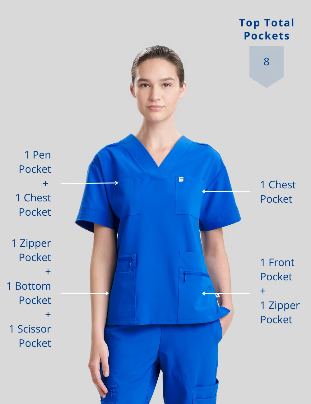 Womens 8-Pocket V-Neck Scrub Top - Royal Blue