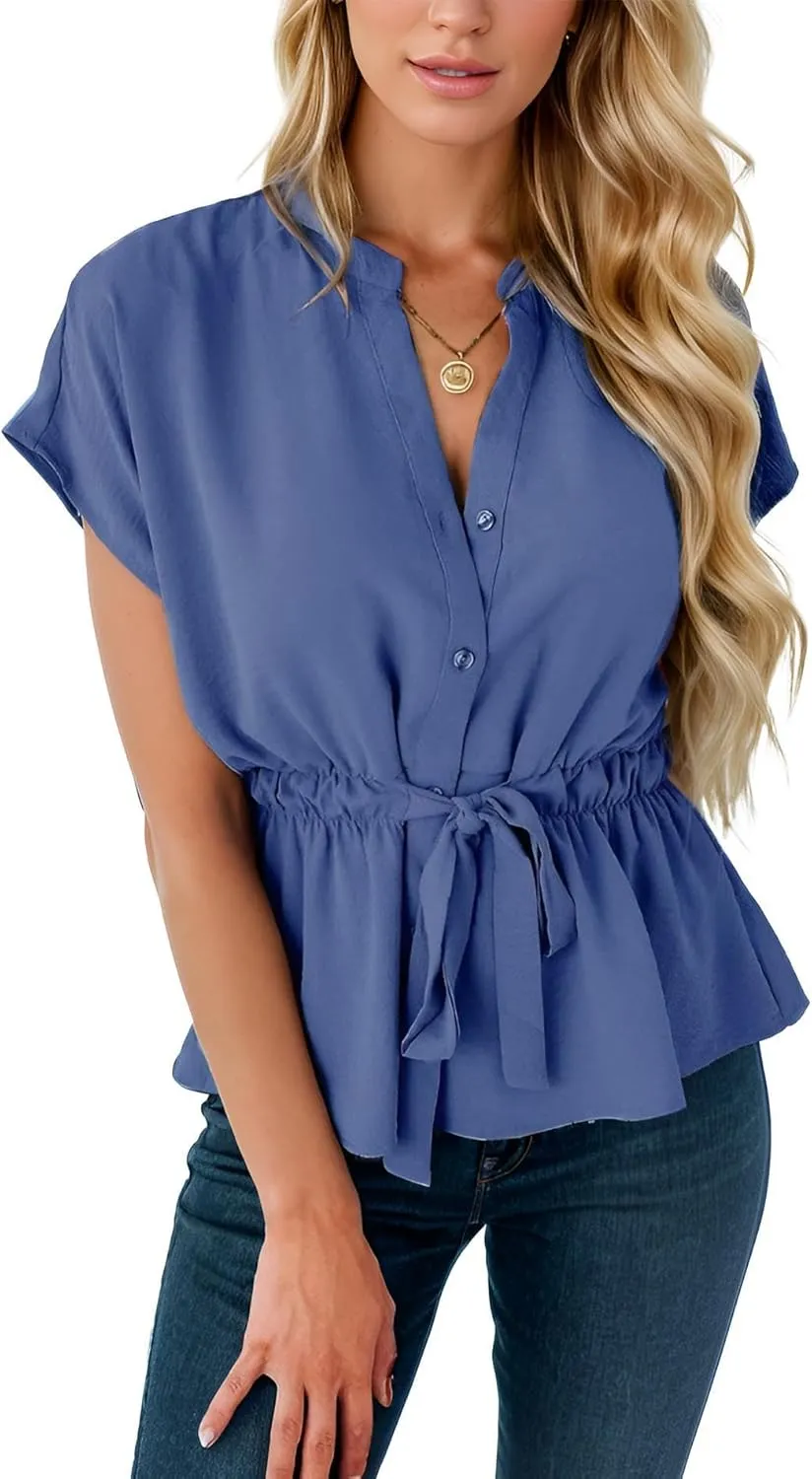 Womens Button Down Blouses Casual Peplum Summer Tops Dressy Work Blouse