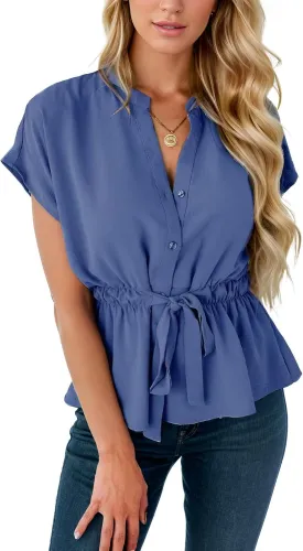 Womens Button Down Blouses Casual Peplum Summer Tops Dressy Work Blouse