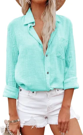Womens Button Down Shirts Cotton Dress Shirt Long Sleeve Oversized Boyfriend Solid Tunic Tops with Pockets