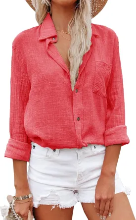 Womens Button Down Shirts Cotton Dress Shirt Long Sleeve Oversized Boyfriend Solid Tunic Tops with Pockets