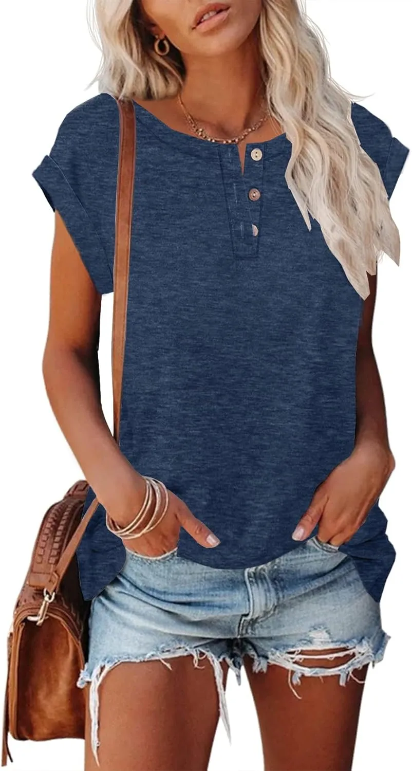 Women's Casual Short Sleeve T-Shirts Summer Basic Crew Neck Henley Shirts