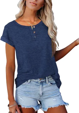Women's Casual Short Sleeve T-Shirts Summer Basic Crew Neck Henley Shirts