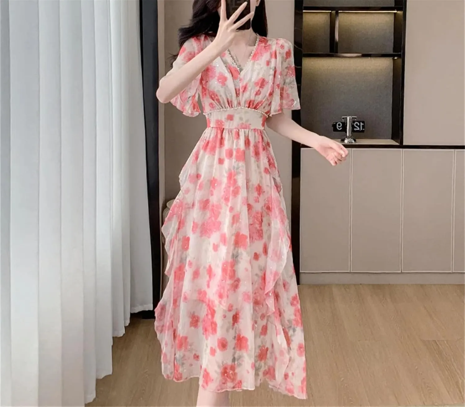 Women's Floral Beaded Midi Dress - V-Neck Elastic Waist Ruffles Casual
