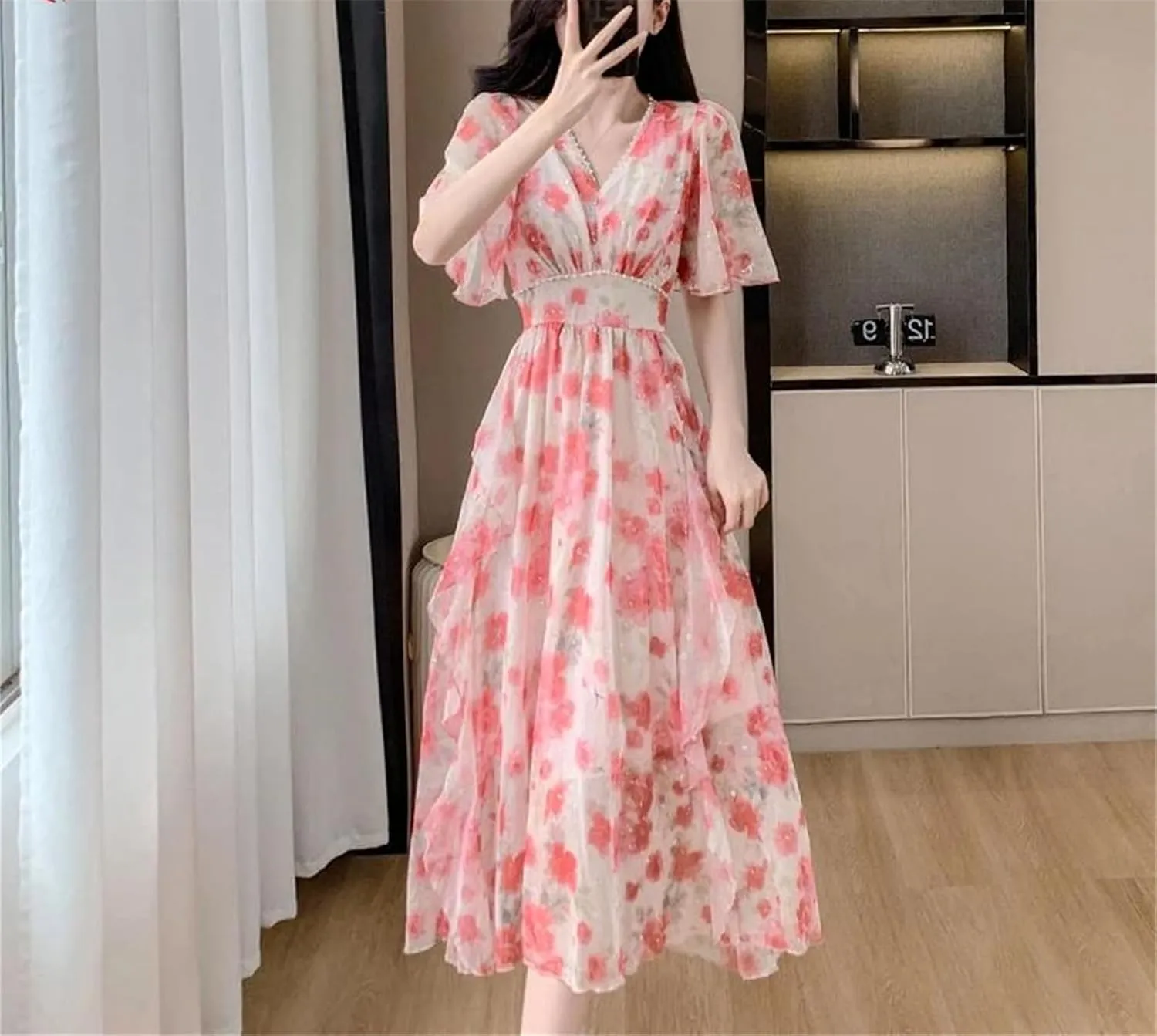 Women's Floral Beaded Midi Dress - V-Neck Elastic Waist Ruffles Casual