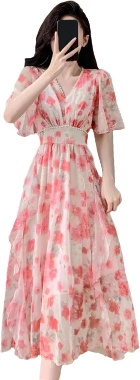 Women's Floral Beaded Midi Dress - V-Neck Elastic Waist Ruffles Casual