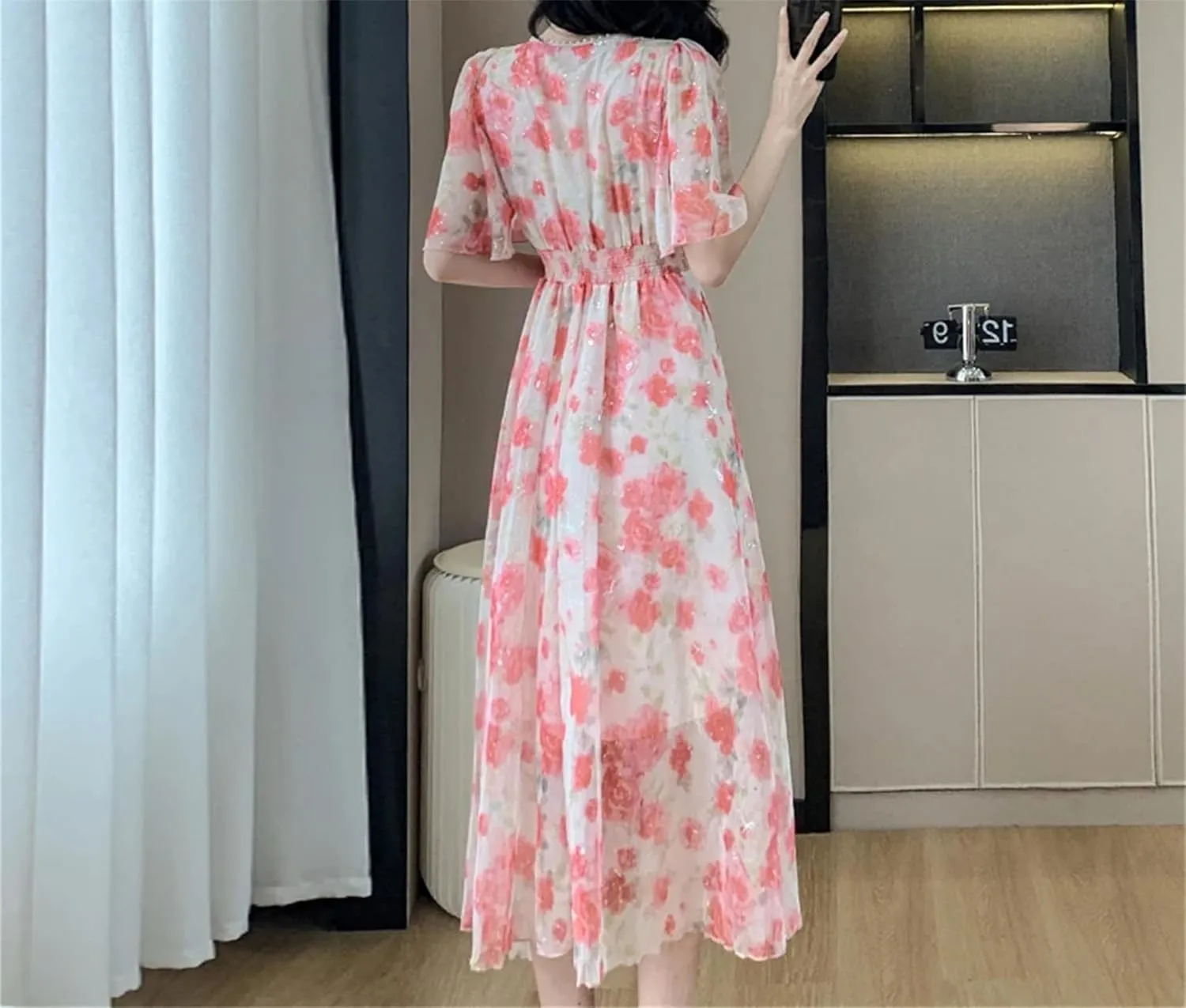 Women's Floral Beaded Midi Dress - V-Neck Elastic Waist Ruffles Casual