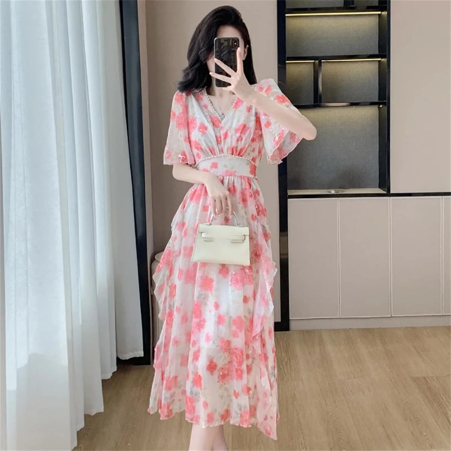 Women's Floral Beaded Midi Dress - V-Neck Elastic Waist Ruffles Casual