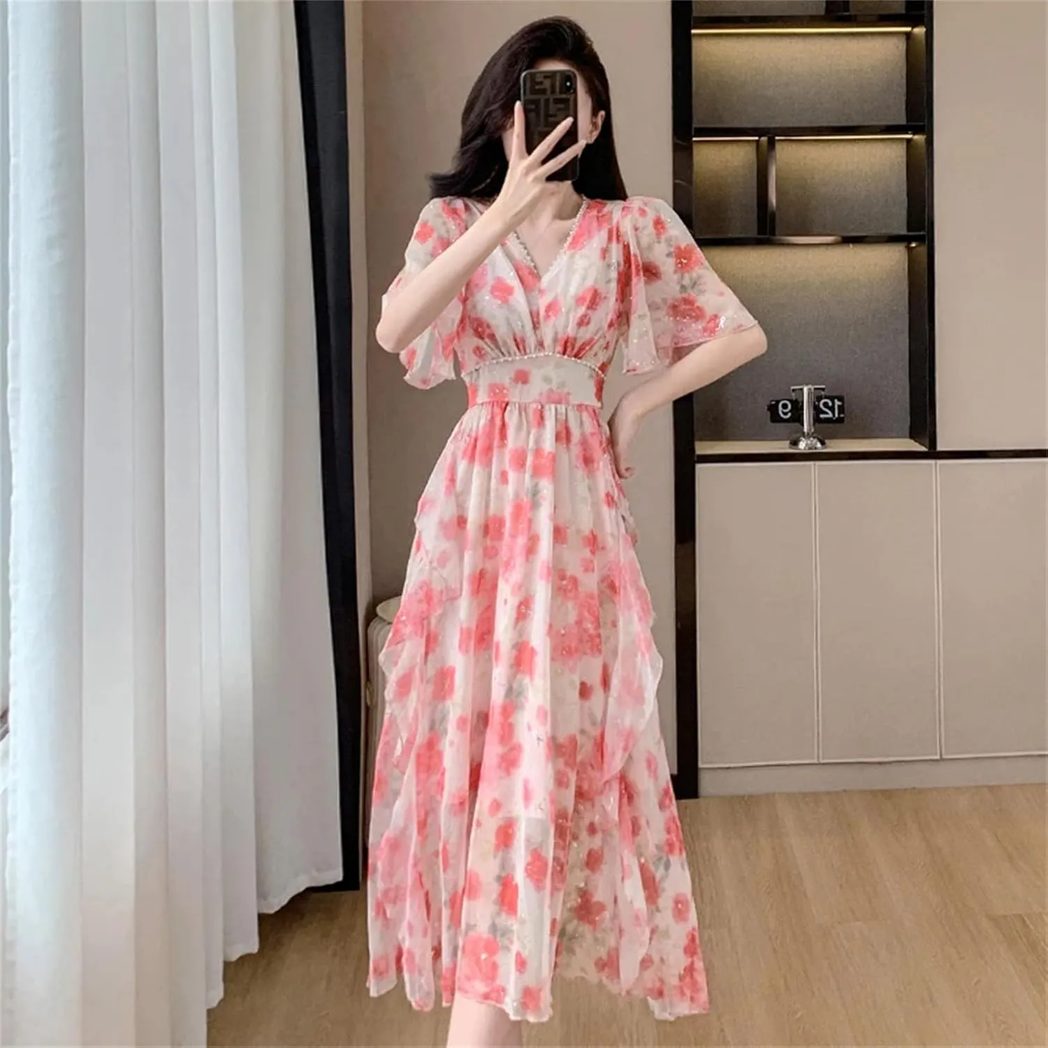 Women's Floral Beaded Midi Dress - V-Neck Elastic Waist Ruffles Casual