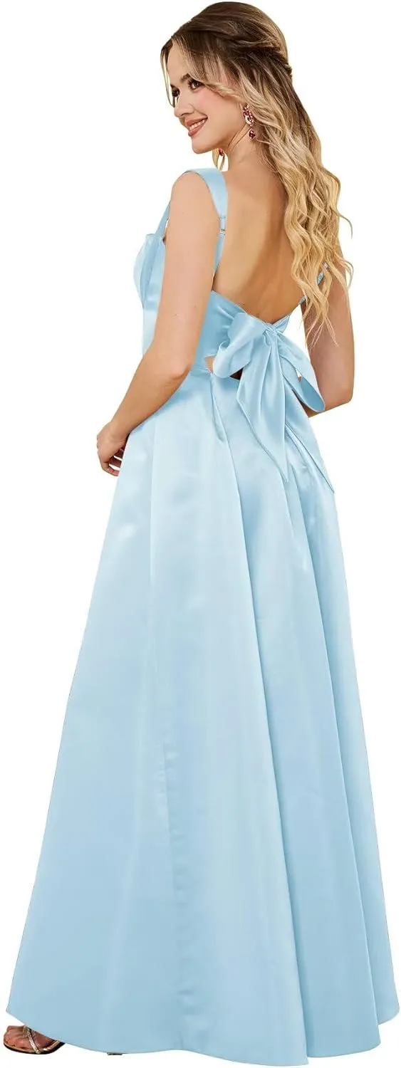 Womens Spaghetti Straps Satin Prom Dresses with Bow A Line Square Neck Maxi Dress Formal Evening Ball Gown