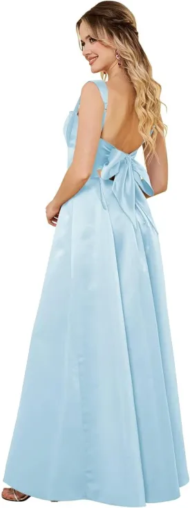 Womens Spaghetti Straps Satin Prom Dresses with Bow A Line Square Neck Maxi Dress Formal Evening Ball Gown