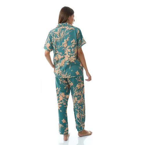 Women's Summer Viscose Classic Elegant Floral Pajamas, Comfortable Sleepwear - Green