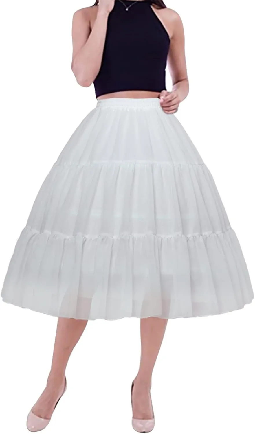 YULUOSHA Women Crinoline Petticoat Hoop Skirt Knee Length Ball Gown Chiffon Underskirt Half Slips for Wedding Victorian Dress