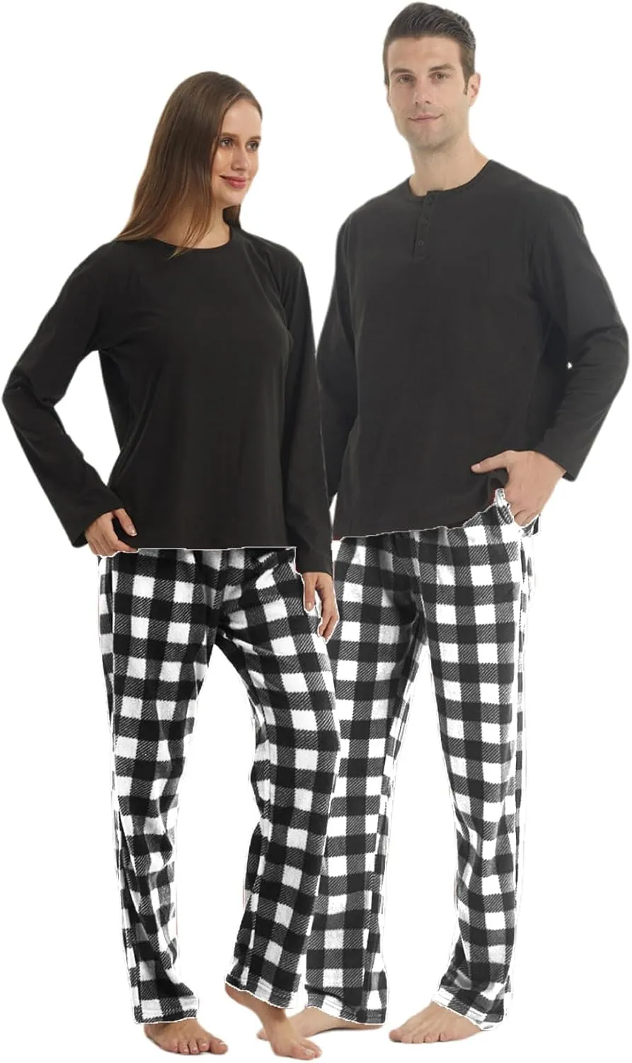 YUSHOW Matching Pjs for Couples,Plaid Pajama Set for Women and Men Soft Warm Fleece Shirt and Pants Sleepwear Set